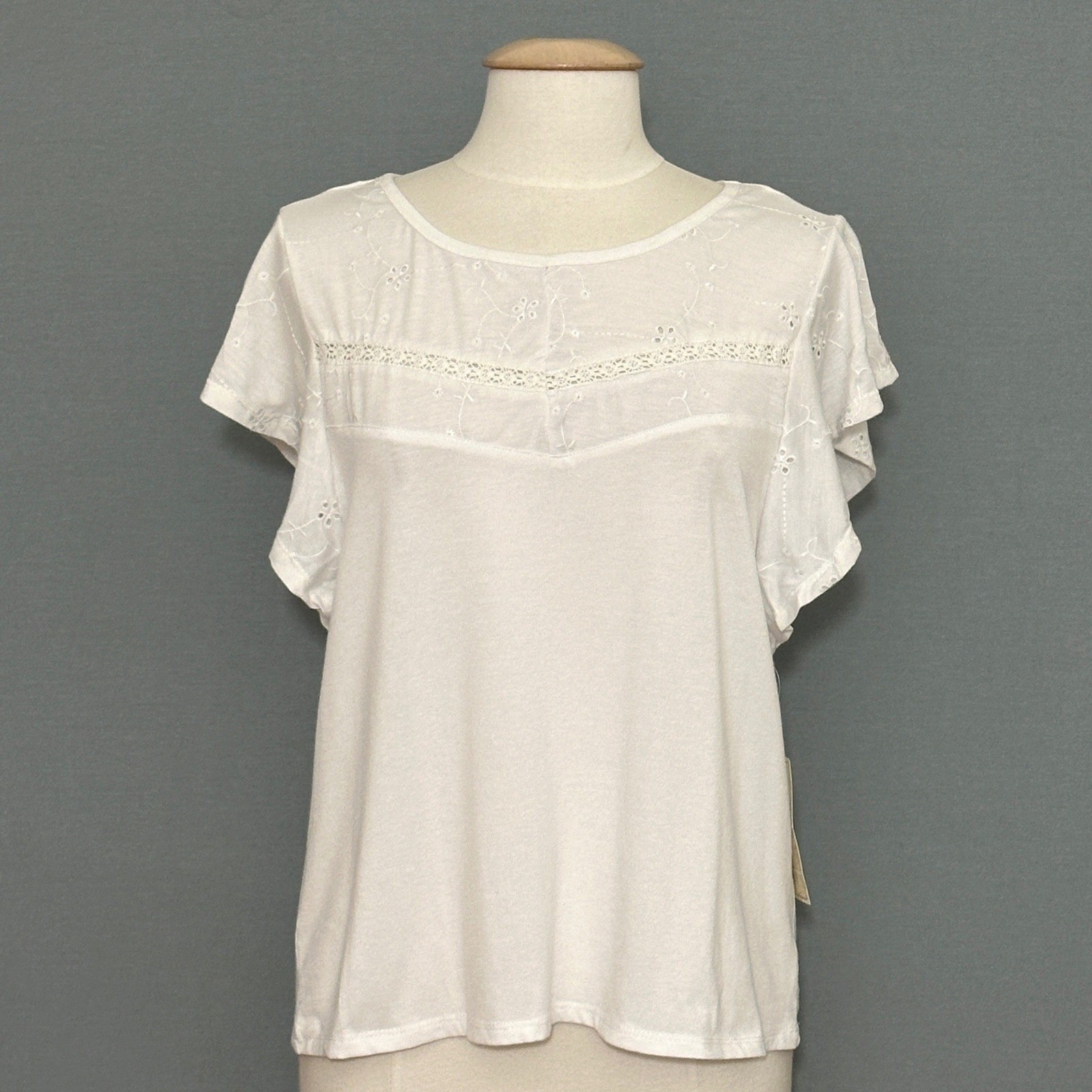 French Laundry Women Top L White Eyelet Knit Feminine Boho Romantic Coastal Chic