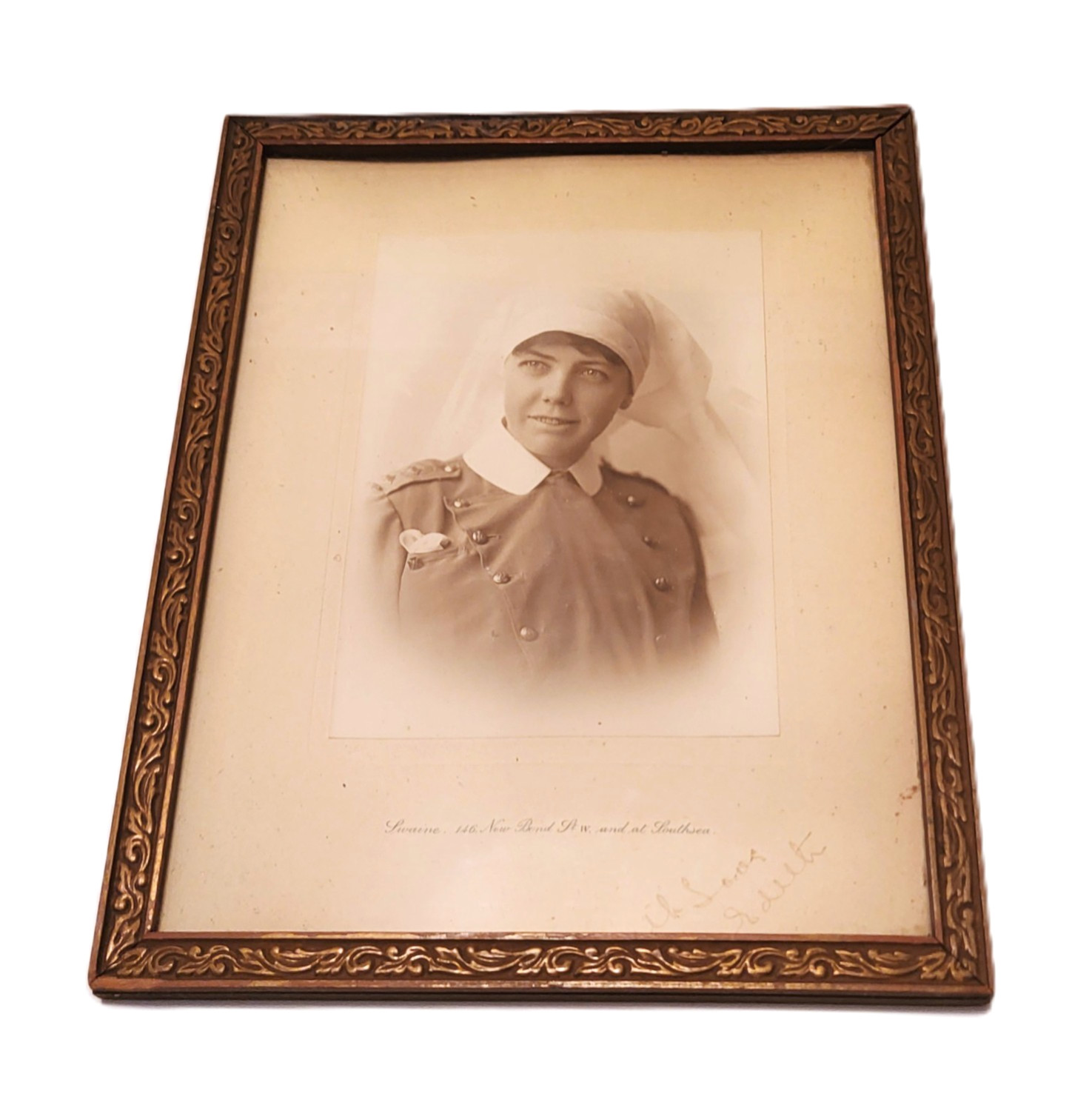Nurse Photograph WWI Era in Antique Wood Frame with Inscription 9x7