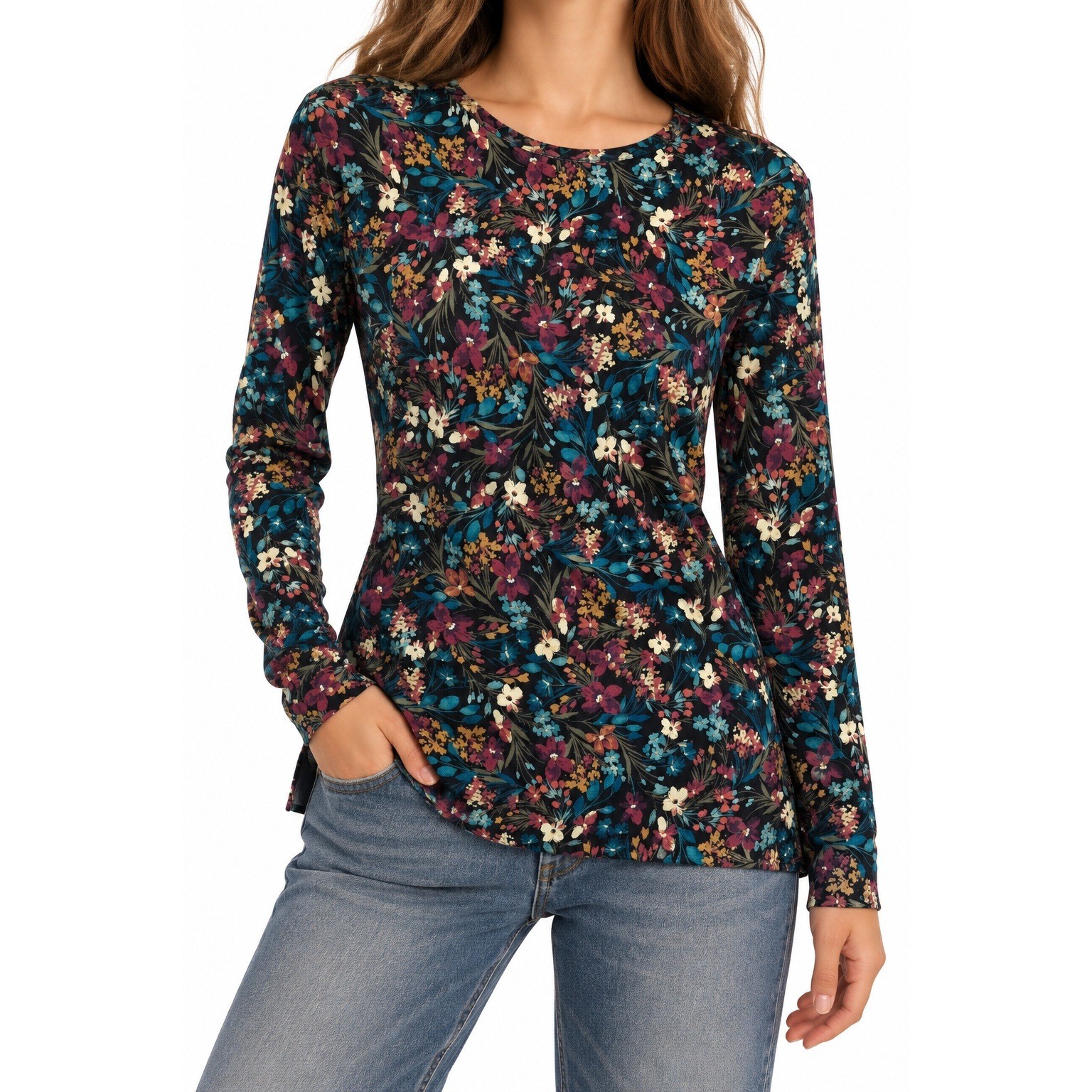 J. Jill Simply Supima Cotton Floral Crew Tunic Top Small Fall Natural Fibers J. Jill Simply Supima Cotton Floral Crew Tunic Top Small Fall Natural Fibers