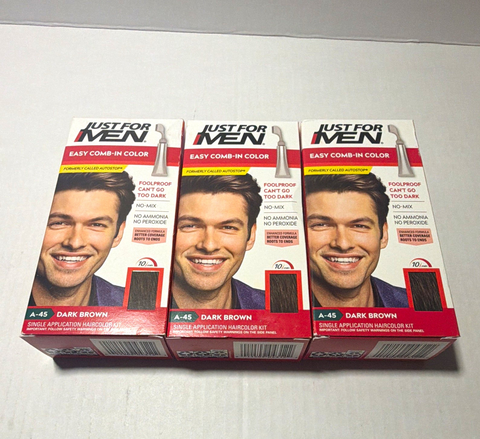3 ct. Just For Men Easy Comb-In Color A-45 Dark Brown Hair Color Kit 1.2 oz (3) 3 ct. Just For Men Easy Comb-In Color A-45 Dark Brown Hair Color Kit 1.2 oz (3)