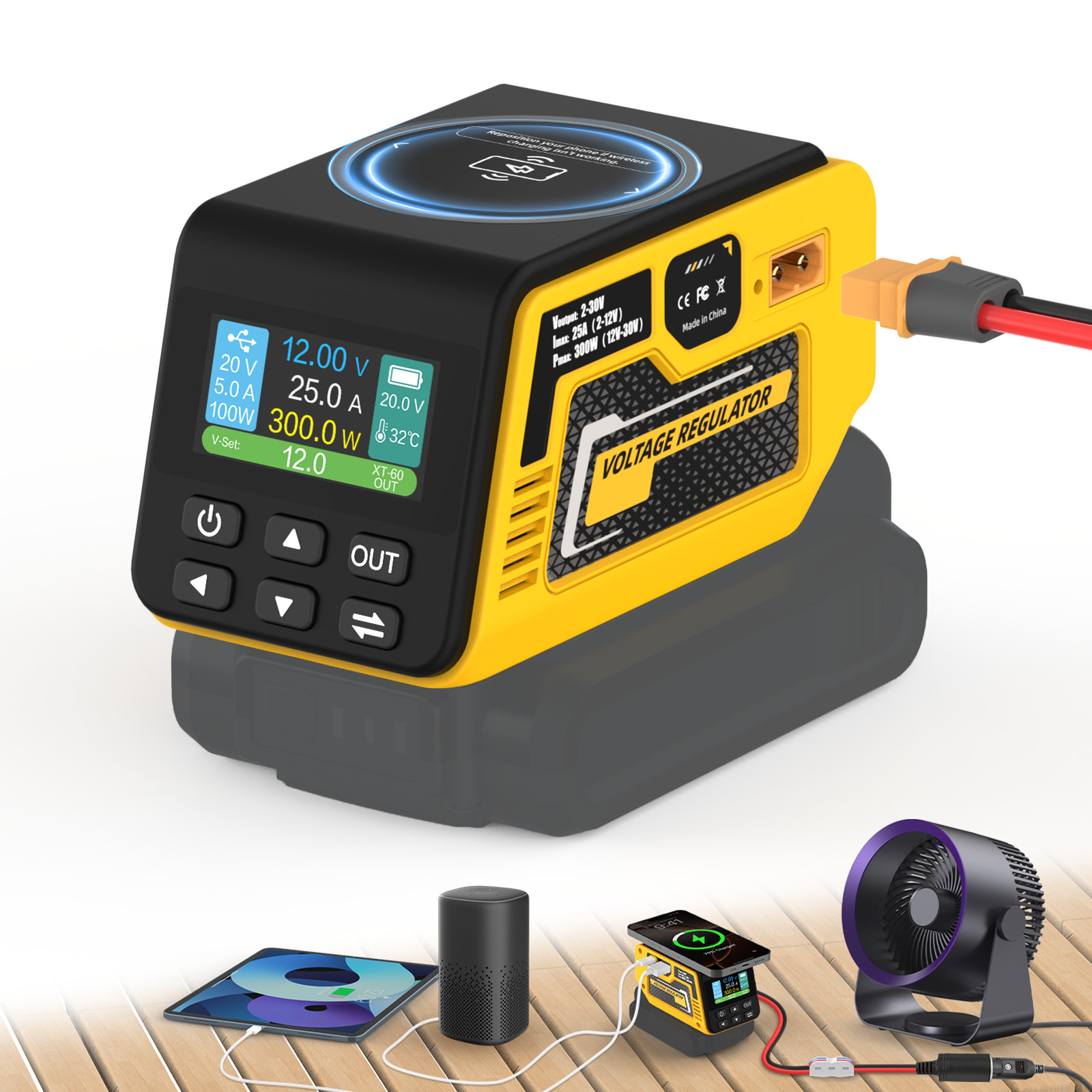 300W Voltage Regulator For DeWalt 20V Battery, DC 2-30V adjustable voltage