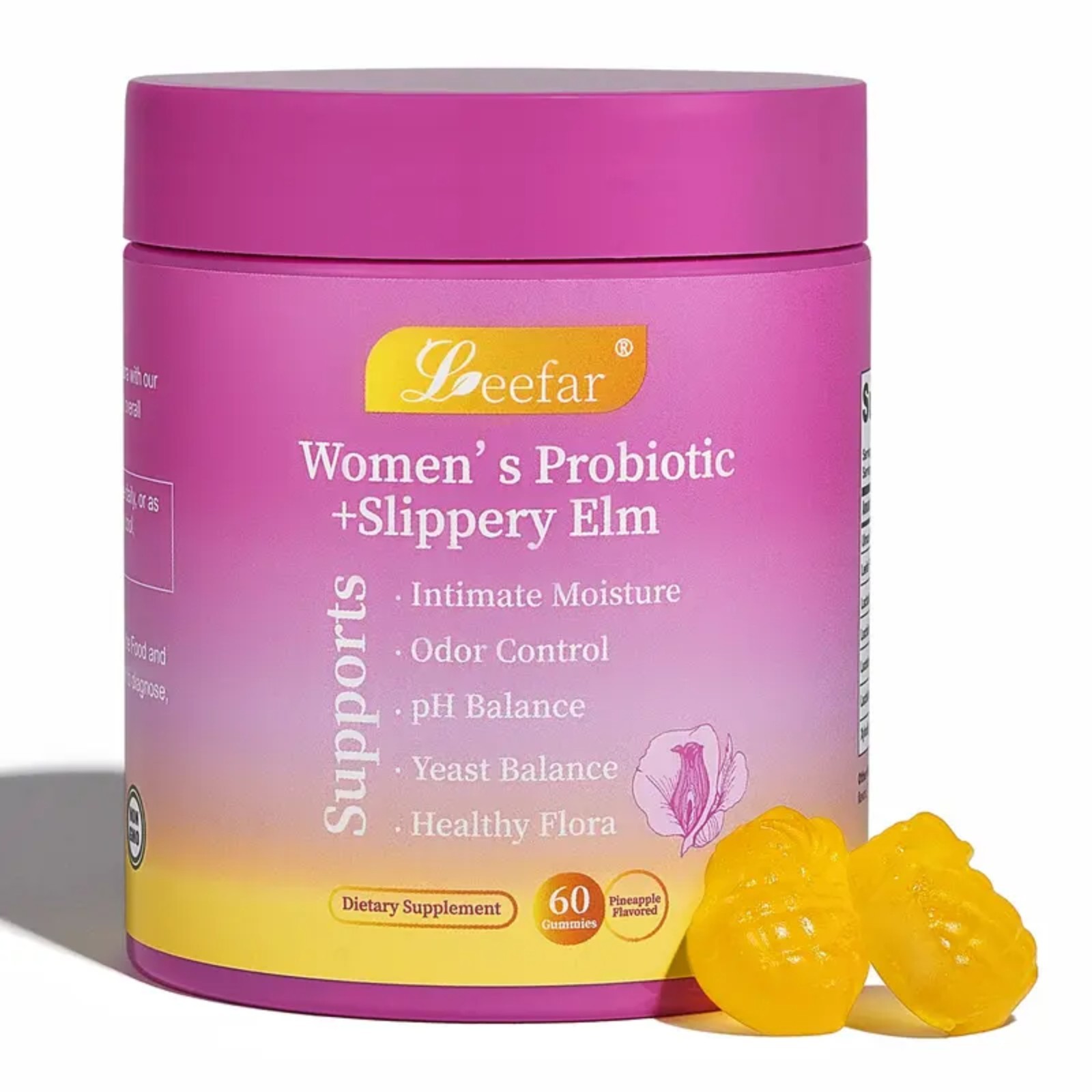 LEEFAR Women's Probiotic + Slippery Elm Gummies 60ct pH Balance Odor Control NEW