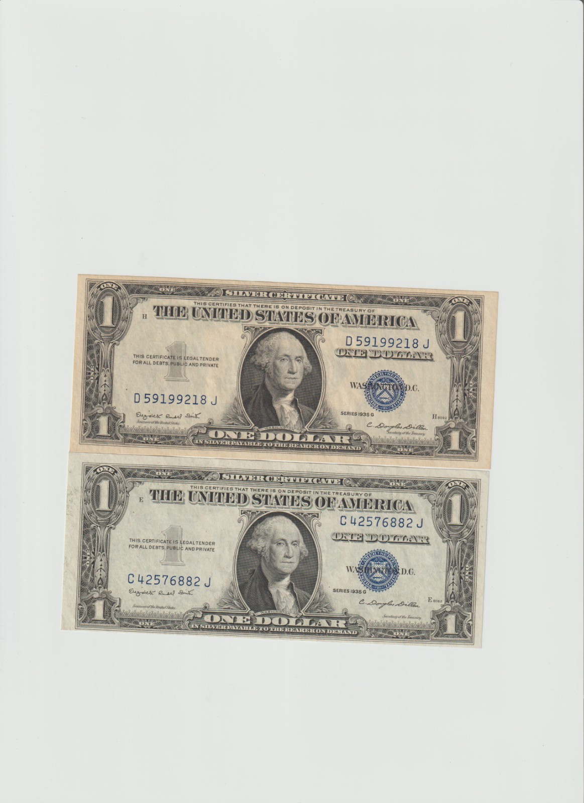 2 Notes 1935 G (1 with motto & 1 without motto) One dollar Silver Certificate 2 Notes 1935 G (1 with motto & 1 without motto) One dollar Silver Certificate