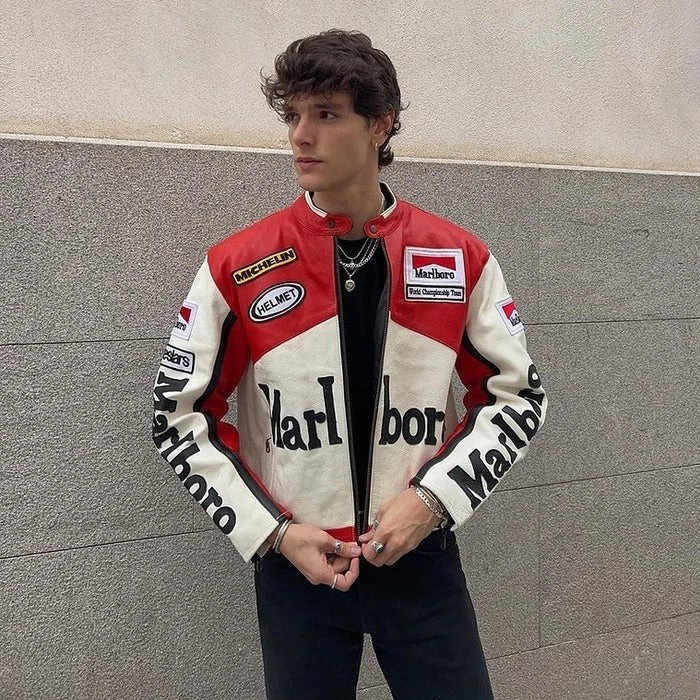 Men\'s Marlboro Vintage Racing Red & White Edition Cowhide Leather Biker Jacket