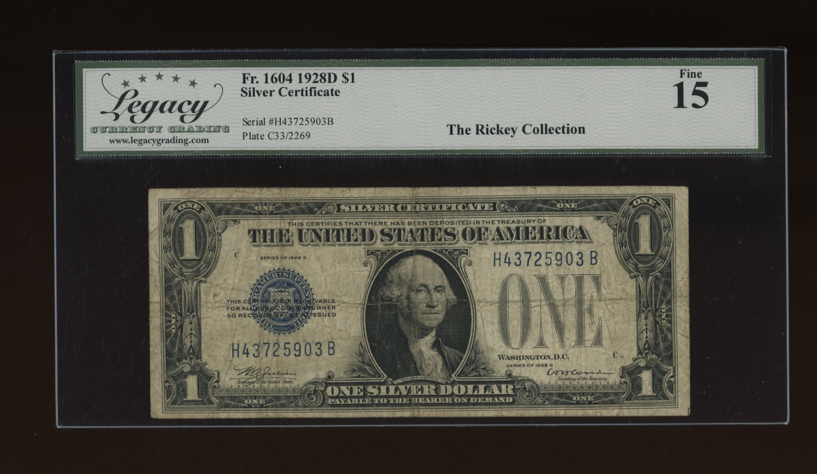 DBR Scarce 1928-D $1 Silver Fr. 1604 HB Block Legacy 15 Serial H43725903B