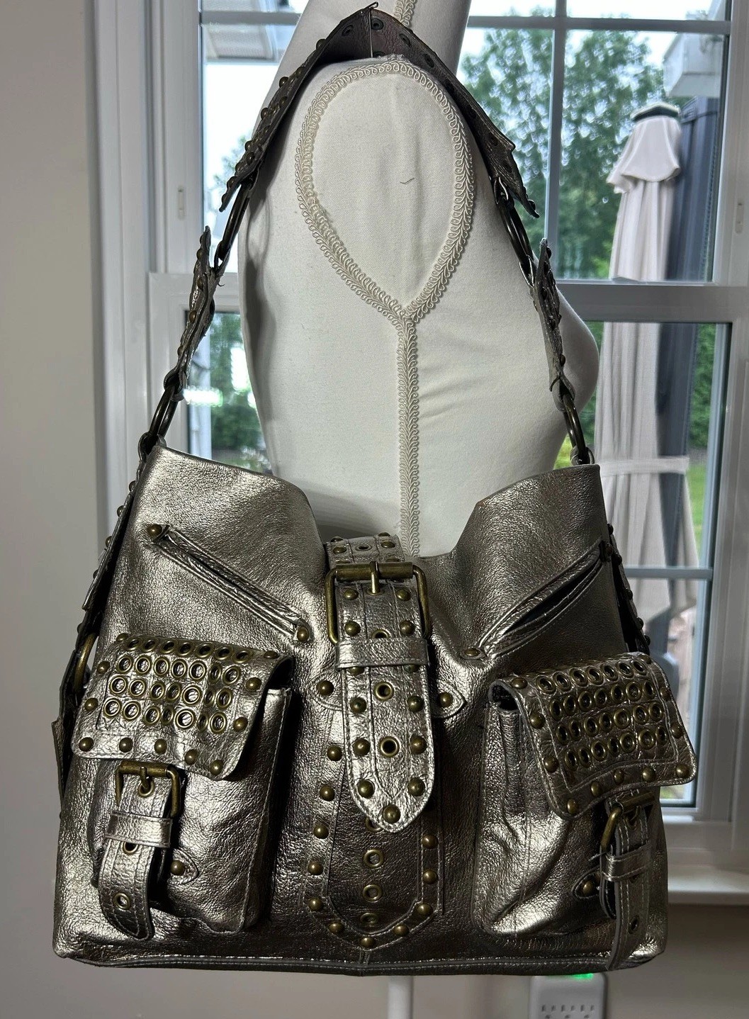 VTG Y2K Betsey Johnson Metallic Bronze Leather Grommet Studded Shoulder Bag EUC