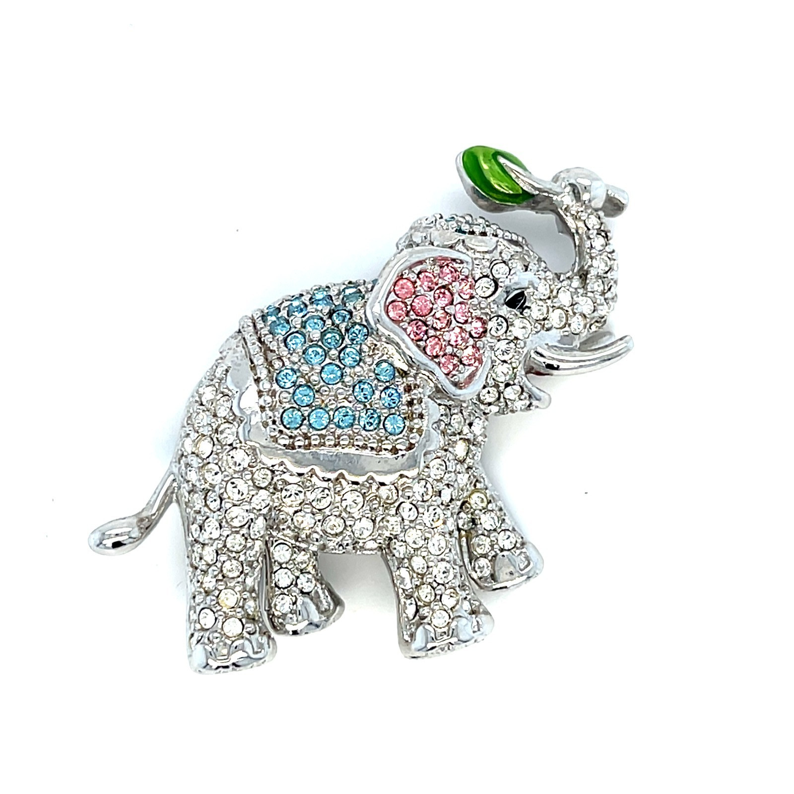 Vintage La Scala Pink Blue Elephant Brooch Pin Swarovski Crystals Rhinestone