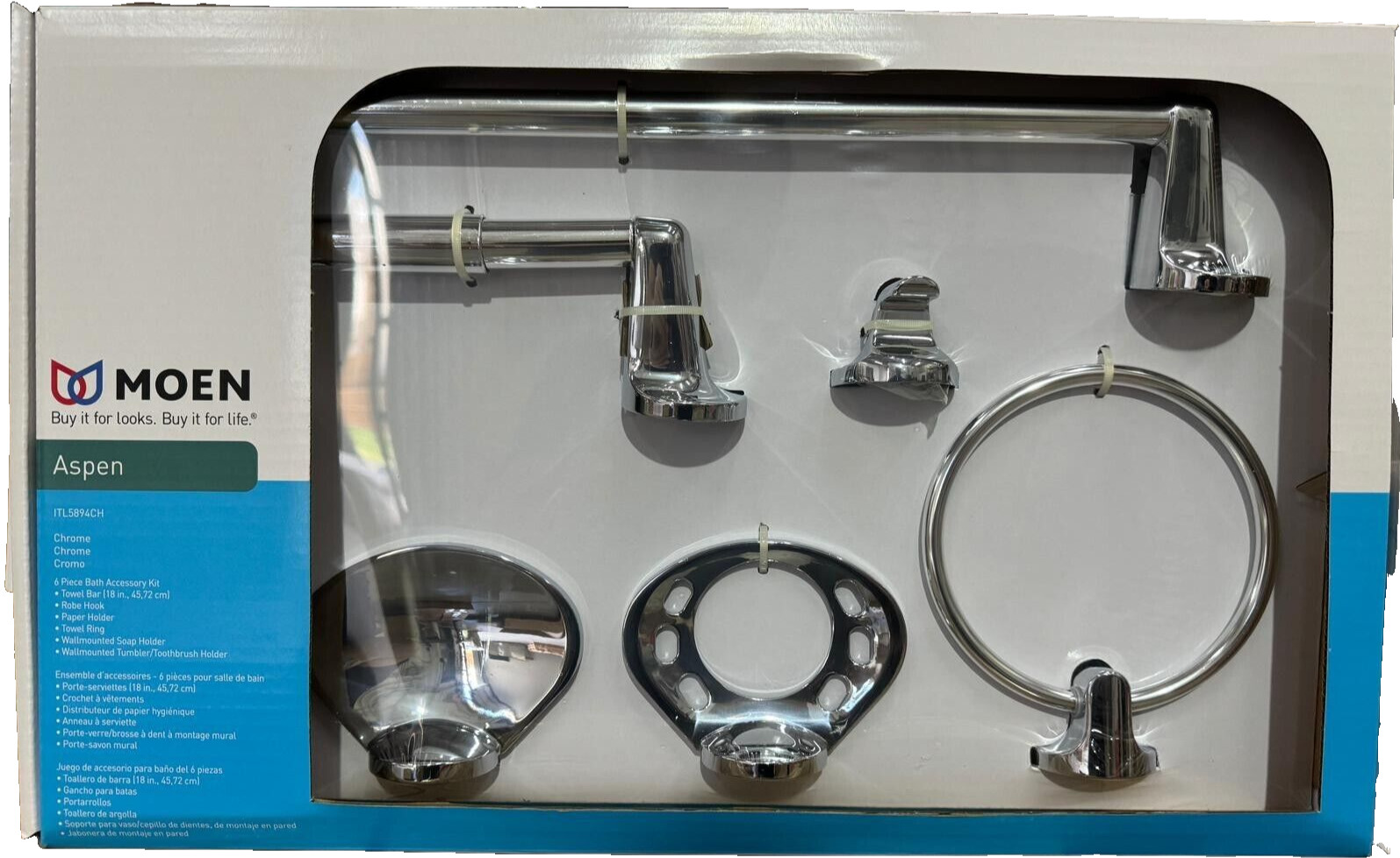 Moen Aspen Chrome Accessory 6 PCS Bar, Hook, Paper Holder, Ring, Soap holder Moen Aspen Chrome Accessory 6 PCS Bar, Hook, Paper Holder, Ring, Soap holder