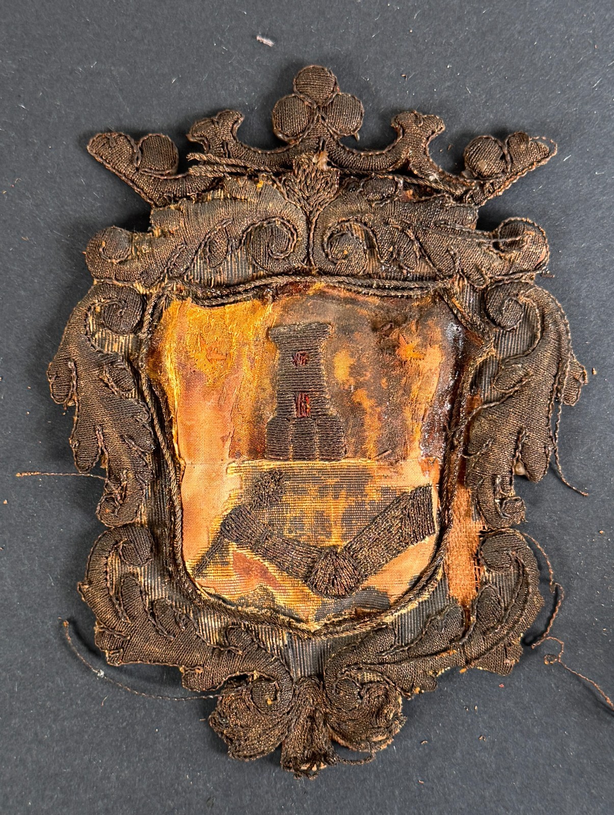 Antique 17th C. Embroidery Knight Castle Coat of Arms Armorial Heraldry Crest