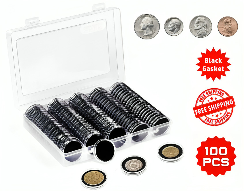 100 PCS 30mm Coin Capsules Clear Plastic Holders Black Gaskets Storage Box