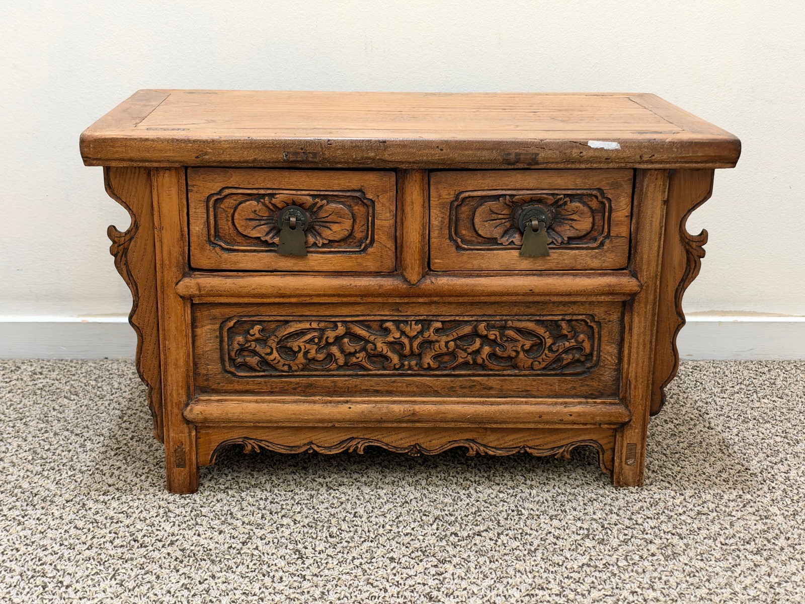 Antique 19th Century Chinese Qing Dynasty Elm Wood Carved Cabinet Altar Table