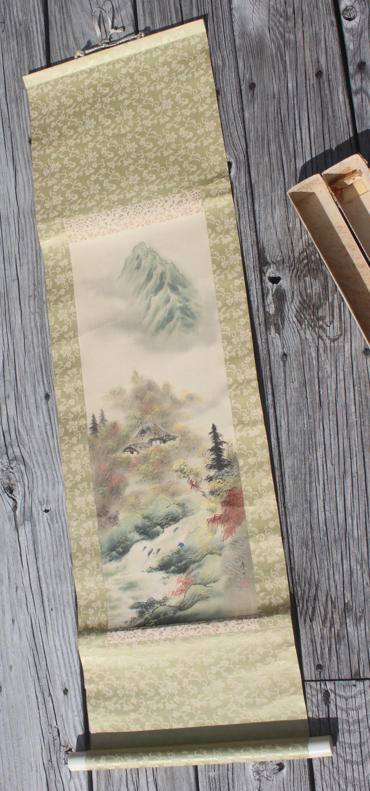 Vintage Japanese Scroll Wall Hanging Mountain Valley Scene 1950's