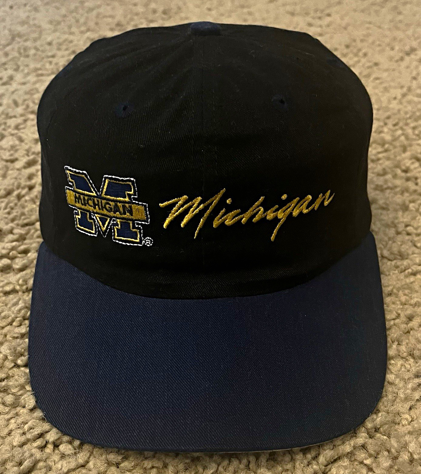 Vintage 1990s Michigan Wolverines Script Block Logo Black Strap Back Hat NCAA