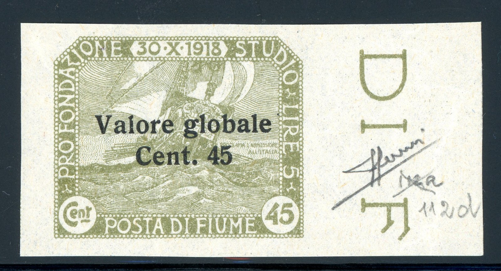 Fiume 1919 Italy 45¢ Olive Green Scott #78v Imperf  Signed  MNH T436