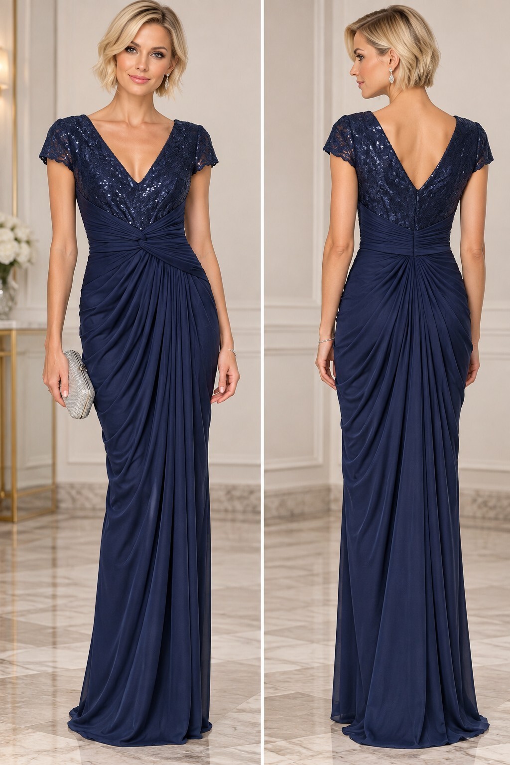 Adrianna Papell Navy Lace Sequin Cap Sleeve Ruched Formal Evening Gown * 6