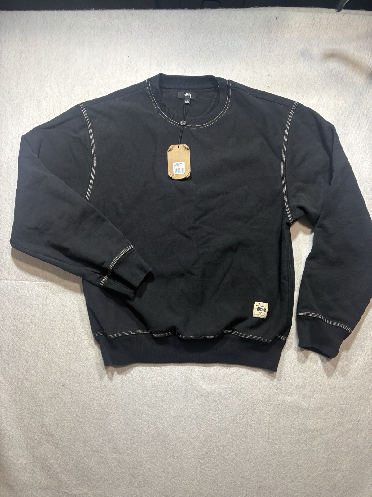 Stussy Black Contrast Stitch Label Crew Sweatshirt Long Sleeve Men Size Large