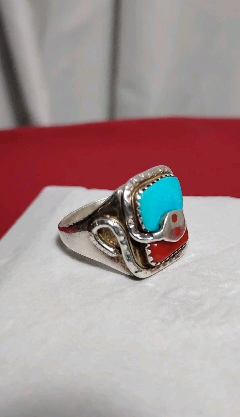 Effie Calavaza Zuni Sterling AG Turquoise &  Coral Men\'s Snake Ring 11, 12.1g