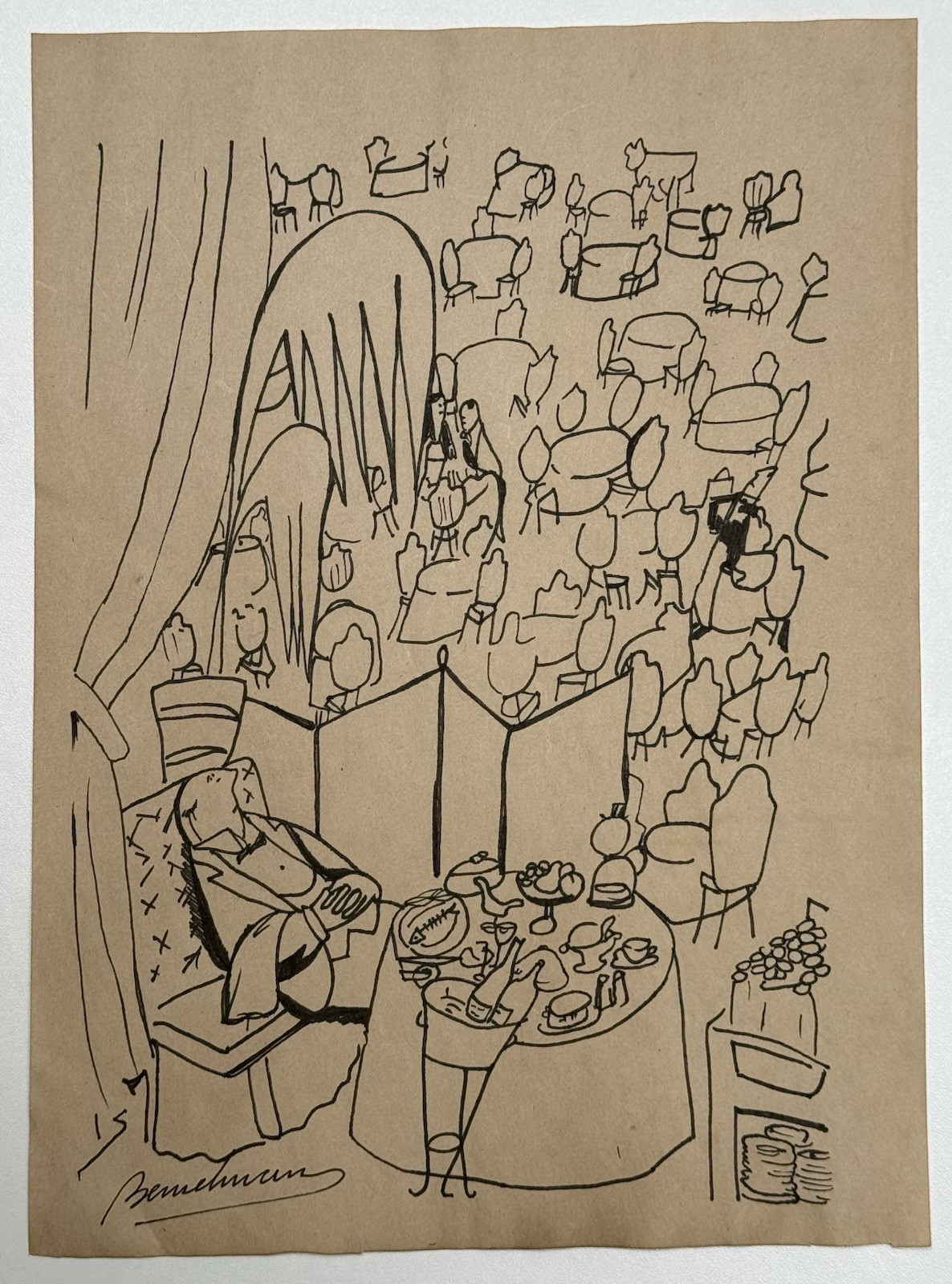 Ludwig Bemelmans (Handmade) Drawing On Old Paper Signed & Stamped, vtg art