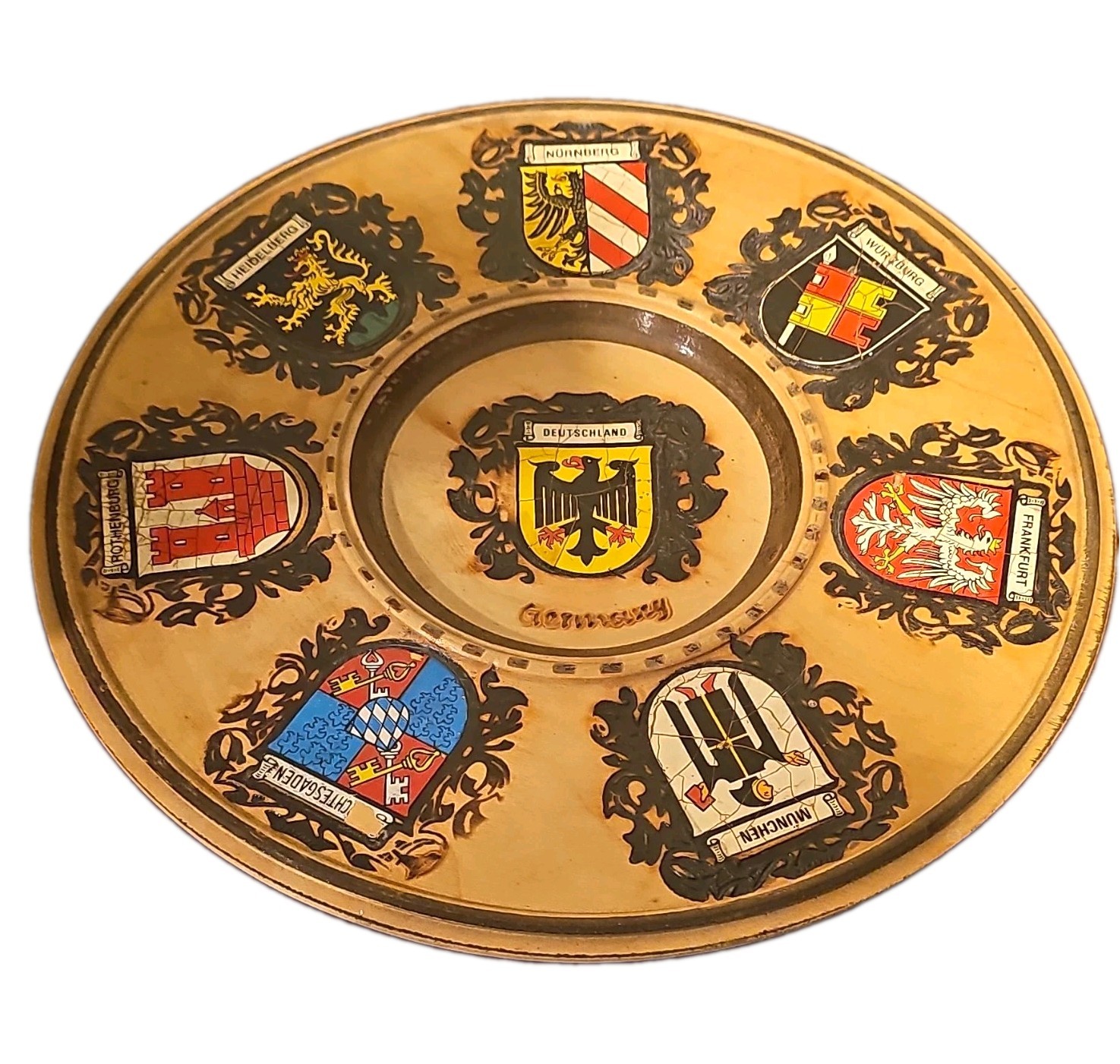 True Vintage German Souvenir Wooden Plate w/ City Coats of Arms (Deutschland)
