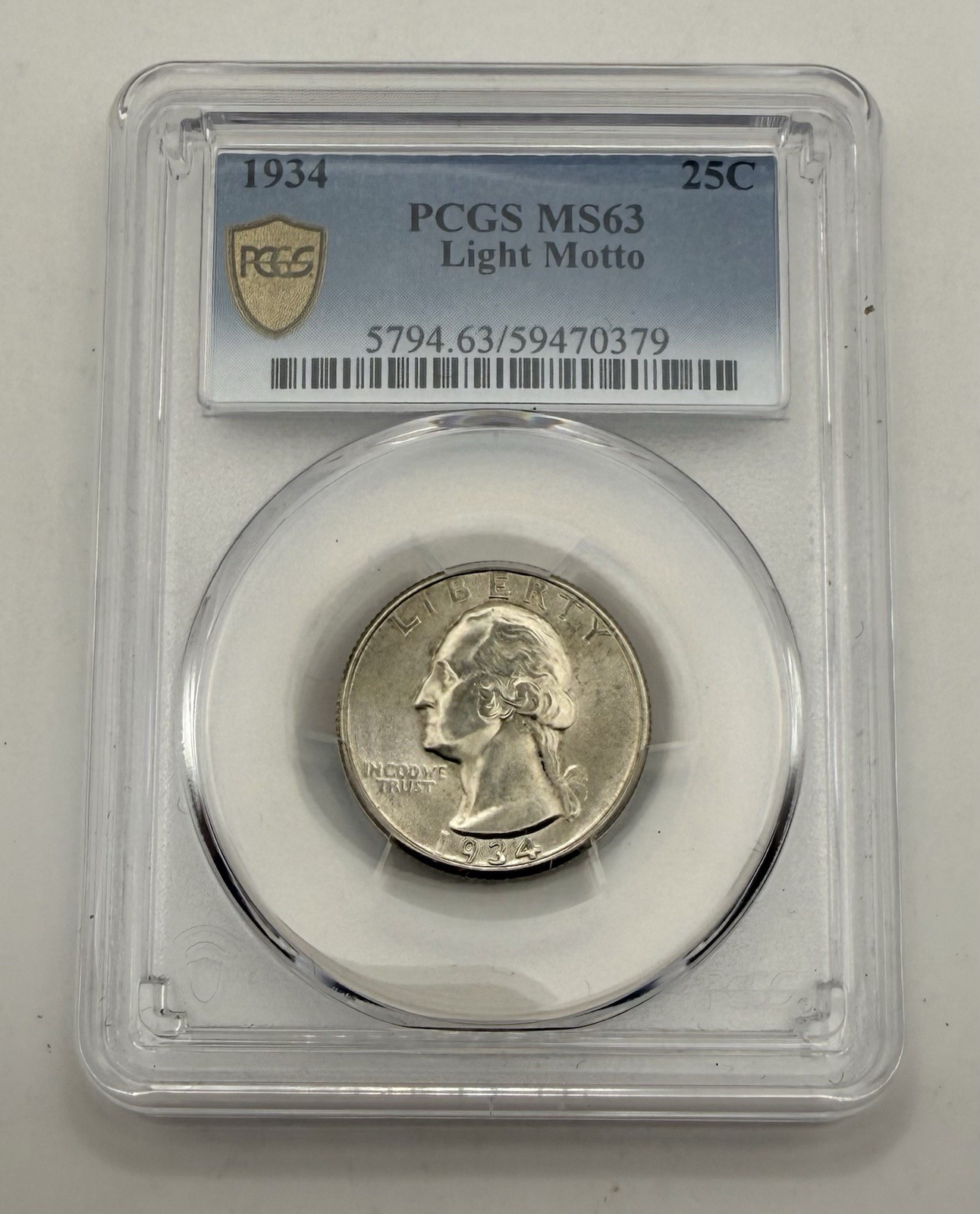 1934-P 25¢ US Silver Washington Quarter “Light Motto” • PCGS MS63