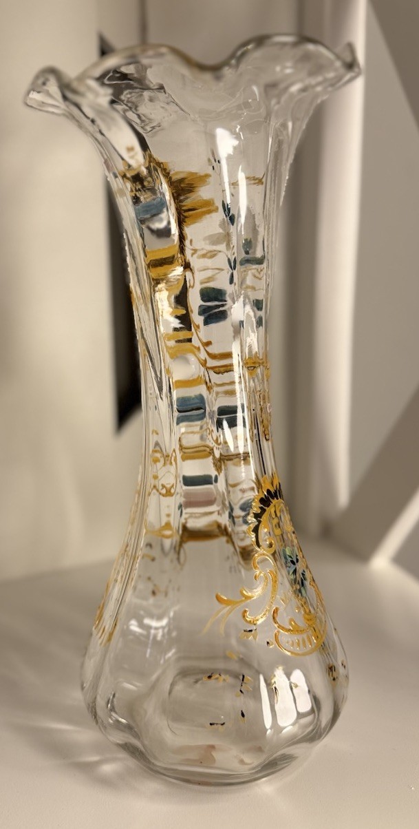 RARE Antique Bohemian Glass Vase, Enameled Hand Painted Victorian, Gilded