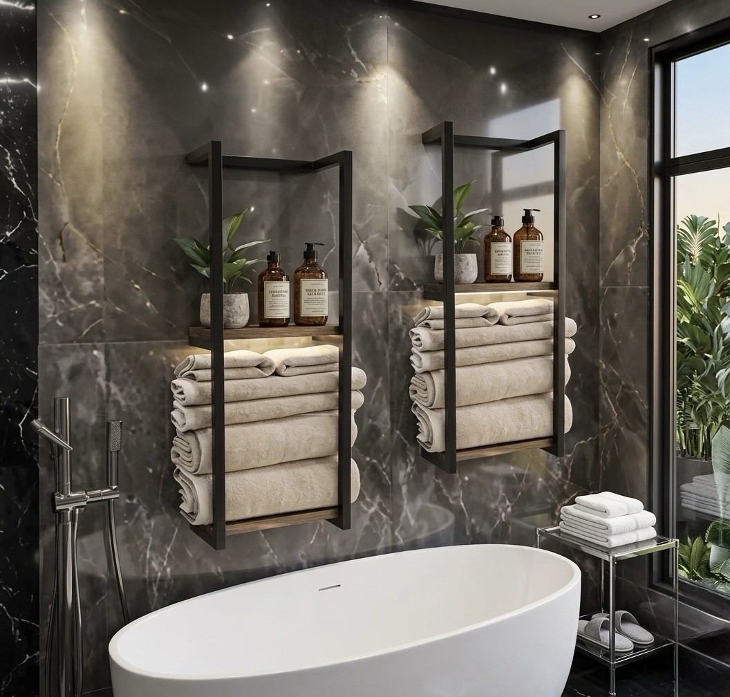 Modern Industrial Carbon Steel Towel Rack 2-Tier Wall Mounted Bathroom Shelf