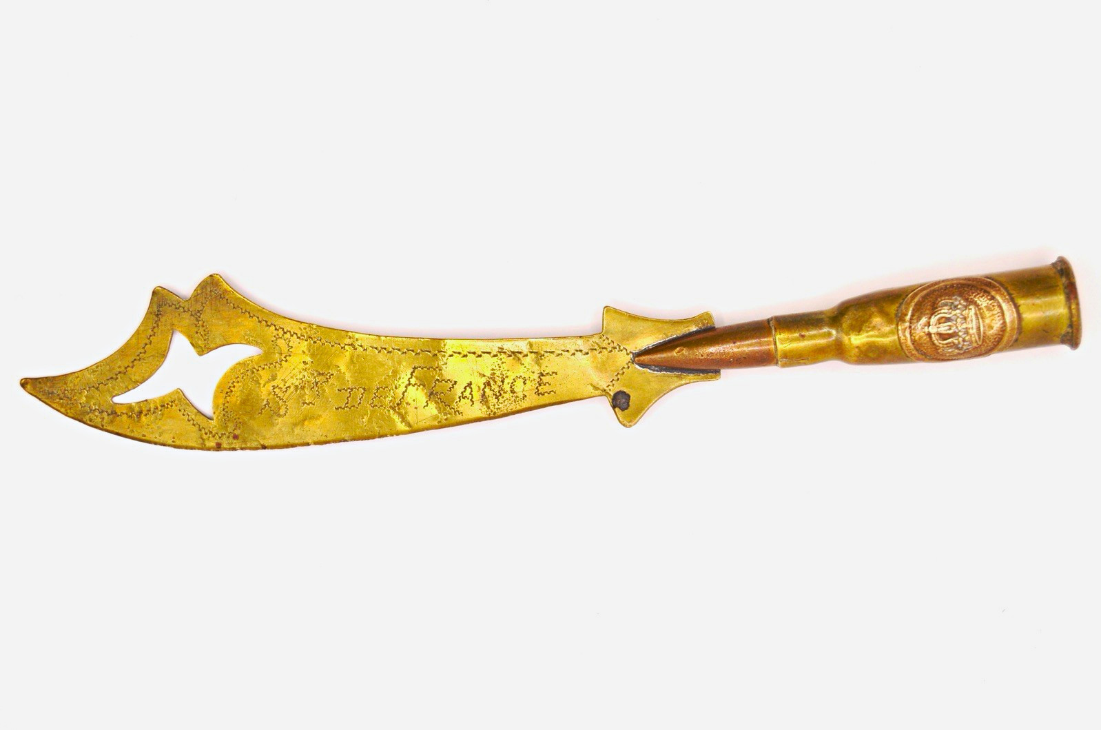WWI-Era Brass Trench Art Letter Opener Bullet Casing Handle Souvenir de France