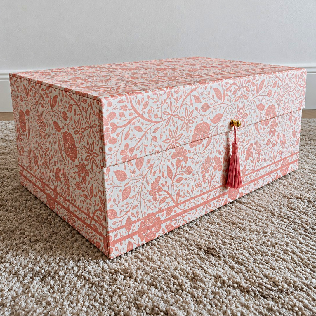 Lillian August Large Decorative Storage Box Pink/White Floral Pattern w/ Lid