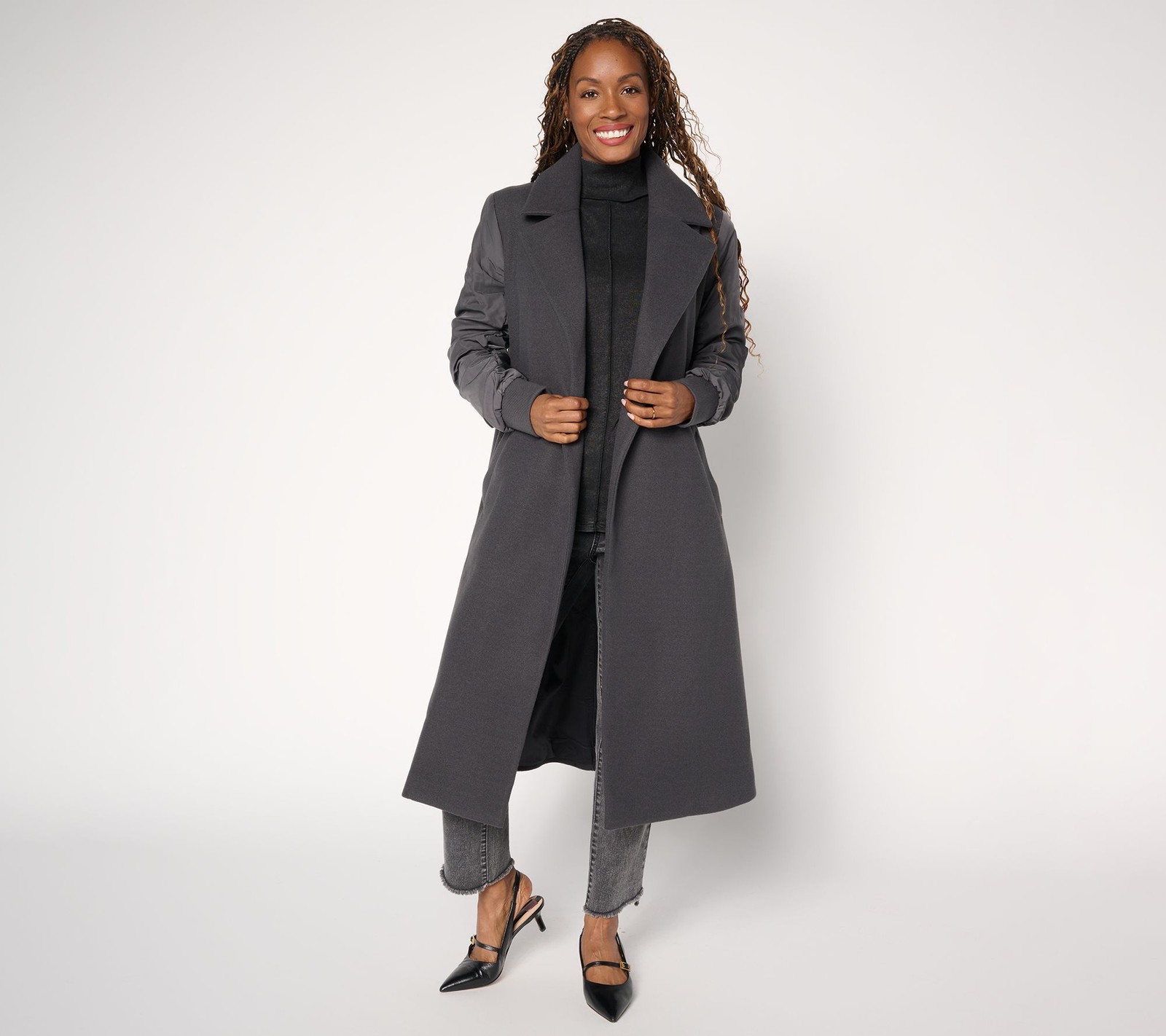 Liberare Women\'s Petite Jacket PM Ruched Sleeve Long Coat Gray A704370