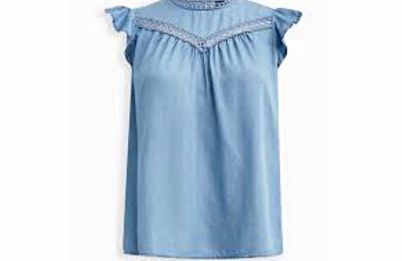 Torrid size 1 Blue Solid Round Neck Sleeveless Flutter Sleeve Crochet Blouse Torrid size 1 Blue Solid Round Neck Sleeveless Flutter Sleeve Crochet Blouse