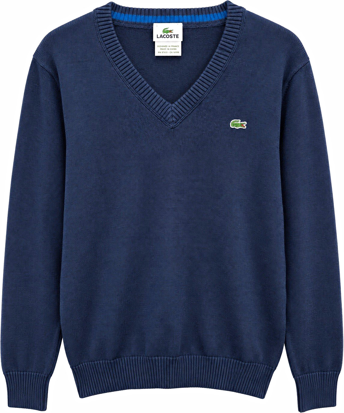 Lacoste Men’s Navy Blue V-Neck Sweater Size 4 Knit Pullover Crocodile Logo