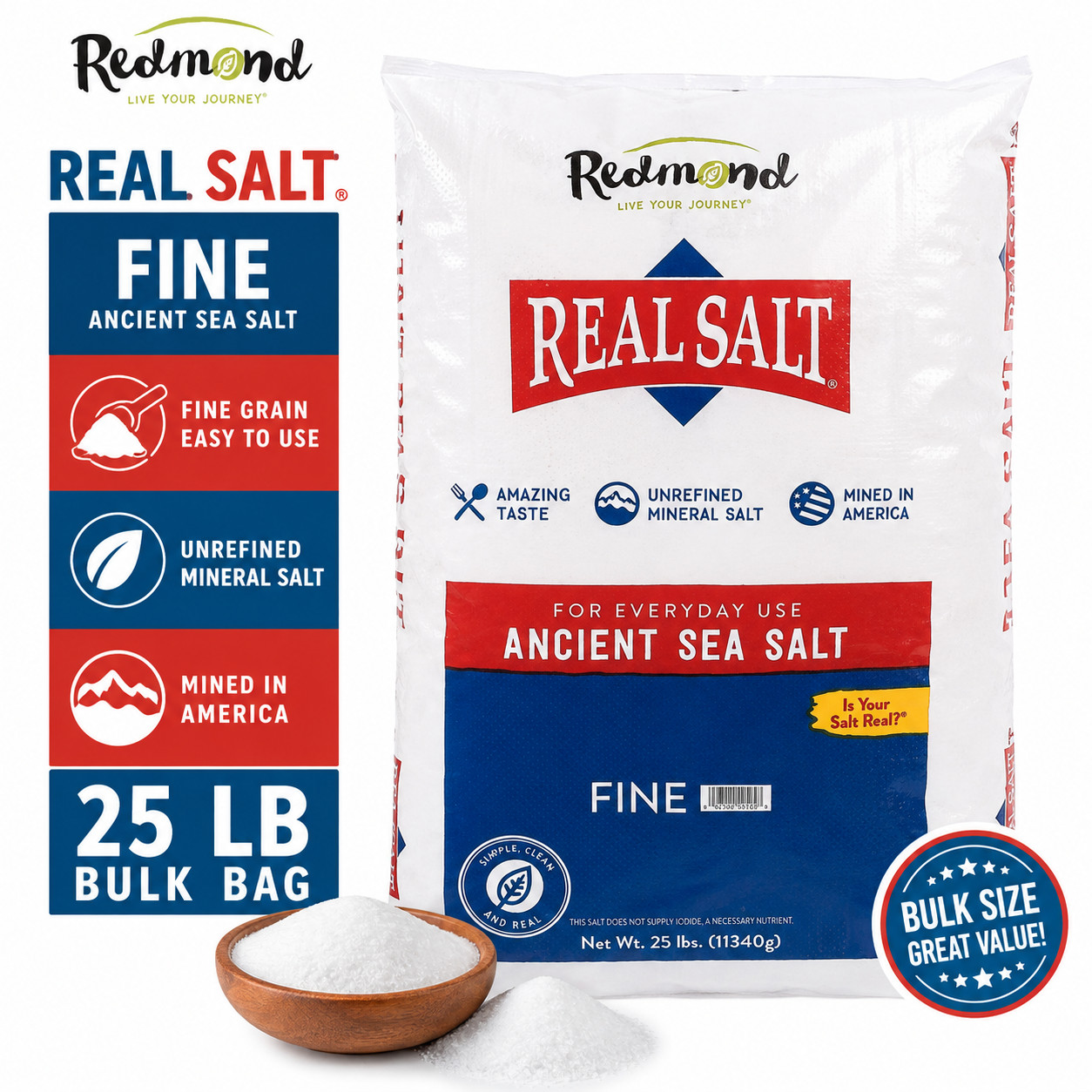 Redmond Real Salt Fine Ancient Sea Salt 25 lb Bulk Bag Unrefined Natural Redmond Real Salt Fine Ancient Sea Salt 25 lb Bulk Bag Unrefined Natural