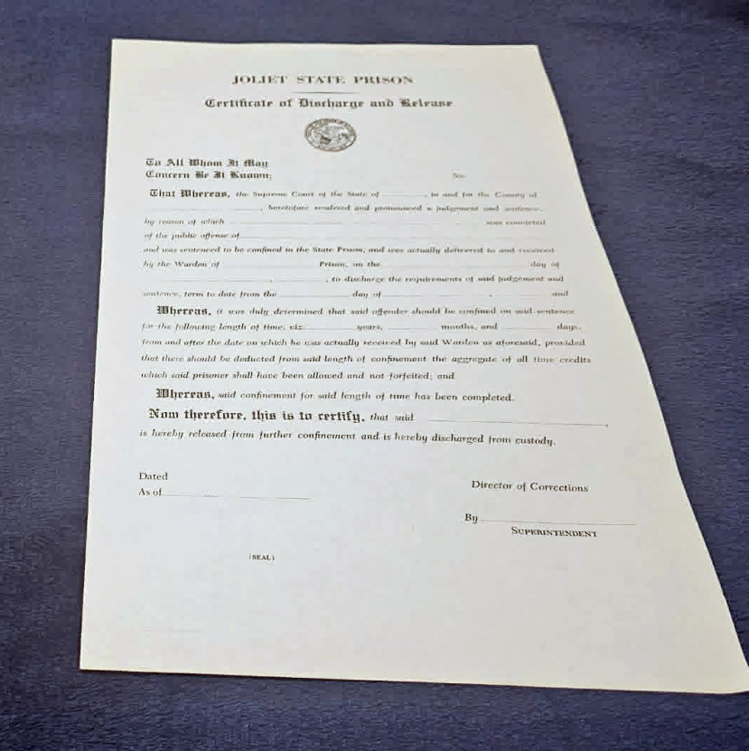 The Blues Brothers - Original Movie Prop - Joliet Prison Discharge Certificate