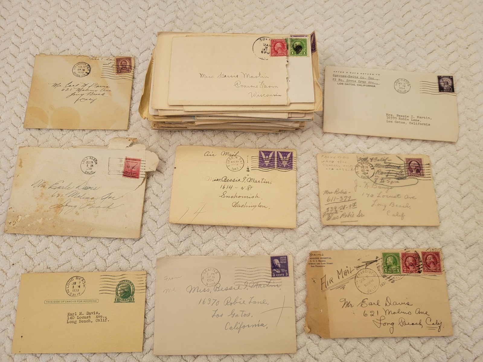 Vintage Stamps Postmarks of 1920s-1950s, $.01-$.03 stamps-Lot of about 55 total