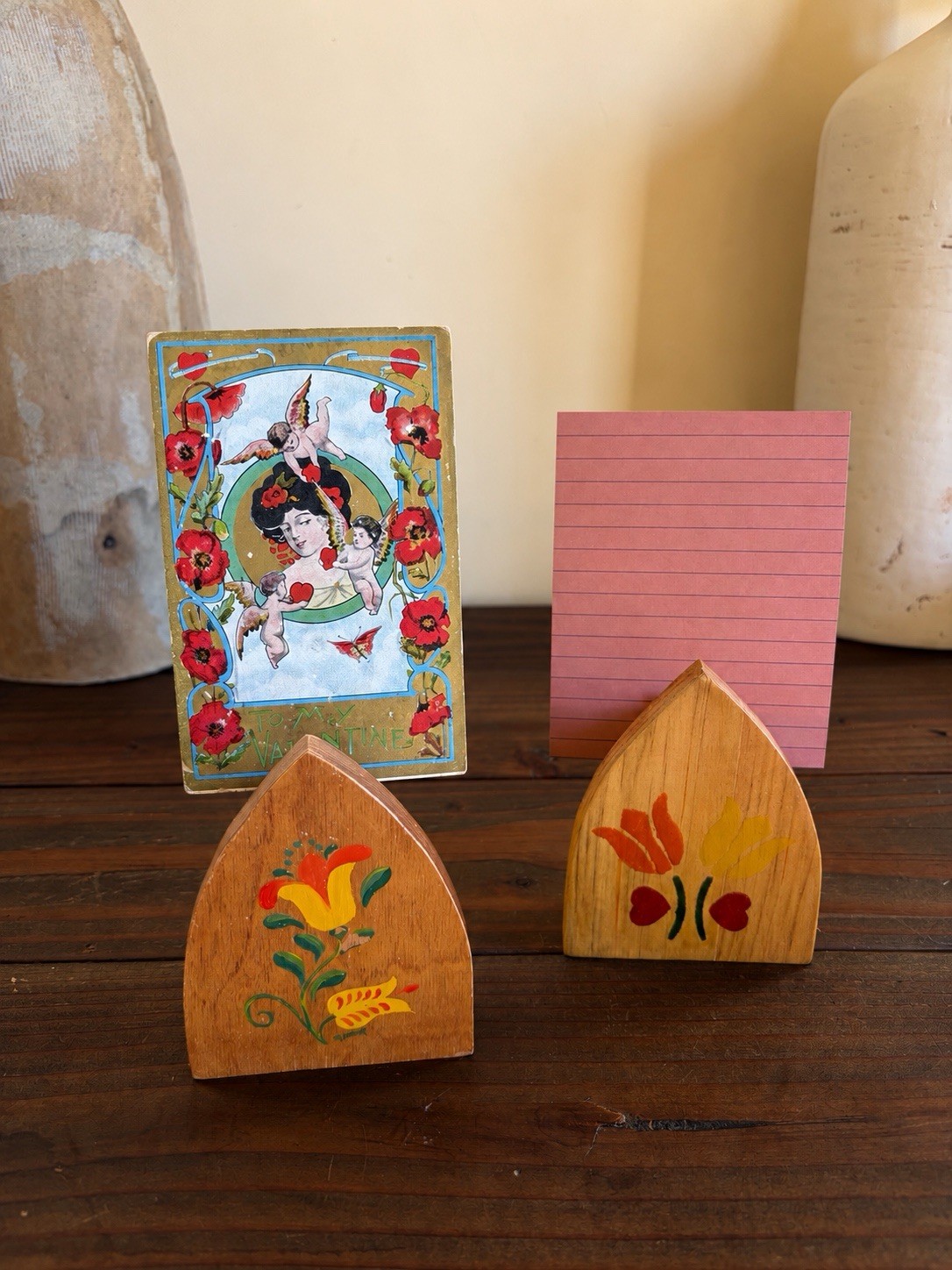 70’s Vtg Hand-Painted Folk Art Wood Recipe, Note or Photo Holders Pair 70’s Vtg Hand-Painted Folk Art Wood Recipe, Note or Photo Holders Pair