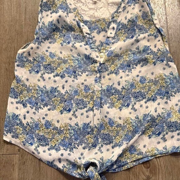 Vintage y2k 2000s boho Candie\'s lace blue floral tie front blouse Size XL