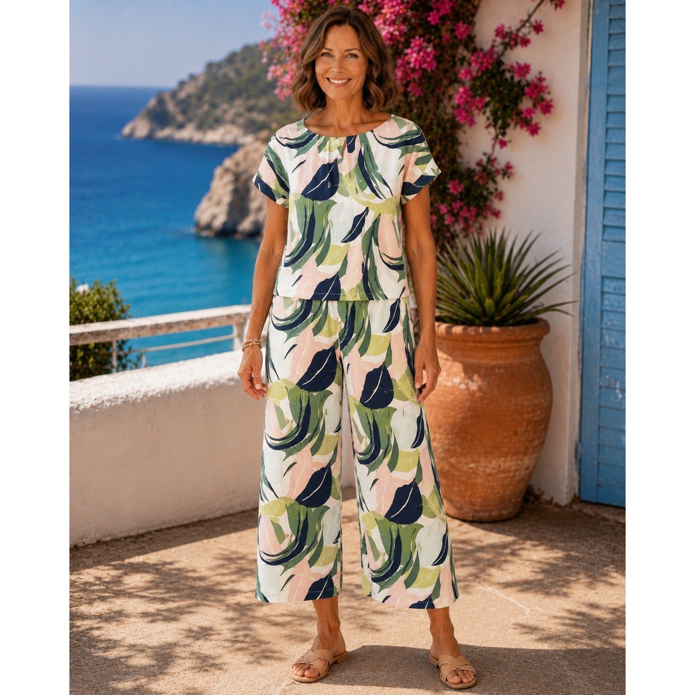 Tahari 100% Linen Matching 2 Piece Set Tropical Leaf Print Top Pants Size Small