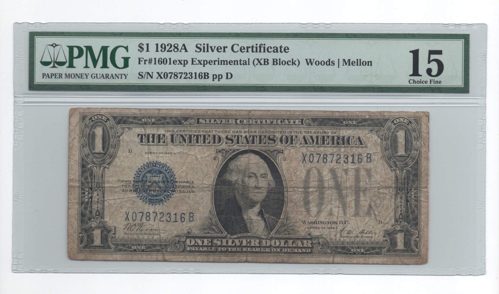 $1 1928A EXPERIMENTAL - Silver Certificate - fr. 1601exp - XB block - PMG 15 $1 1928A EXPERIMENTAL - Silver Certificate - fr. 1601exp - XB block - PMG 15