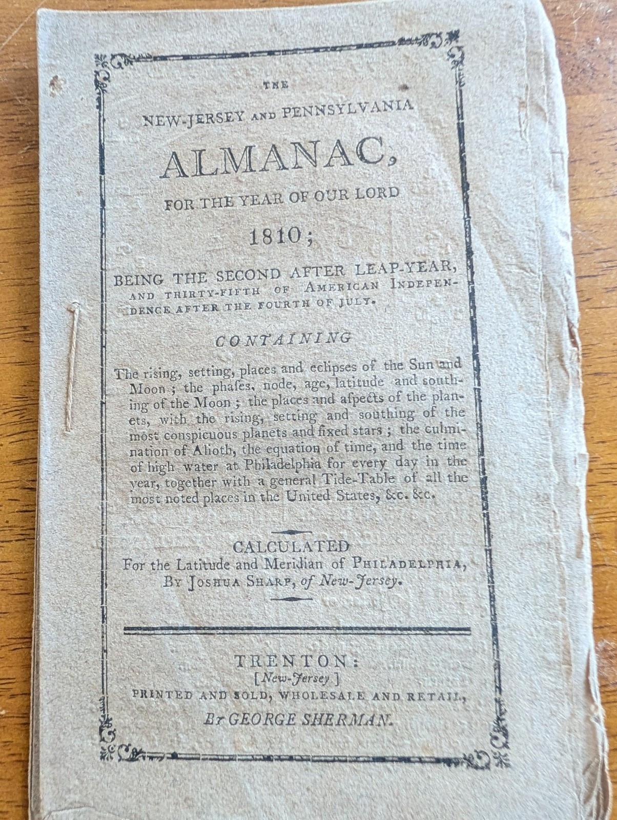 Antique 1810 New-Jersey & Pennsylvania Almanac INTACT BINDING Zodiac Man Rare
