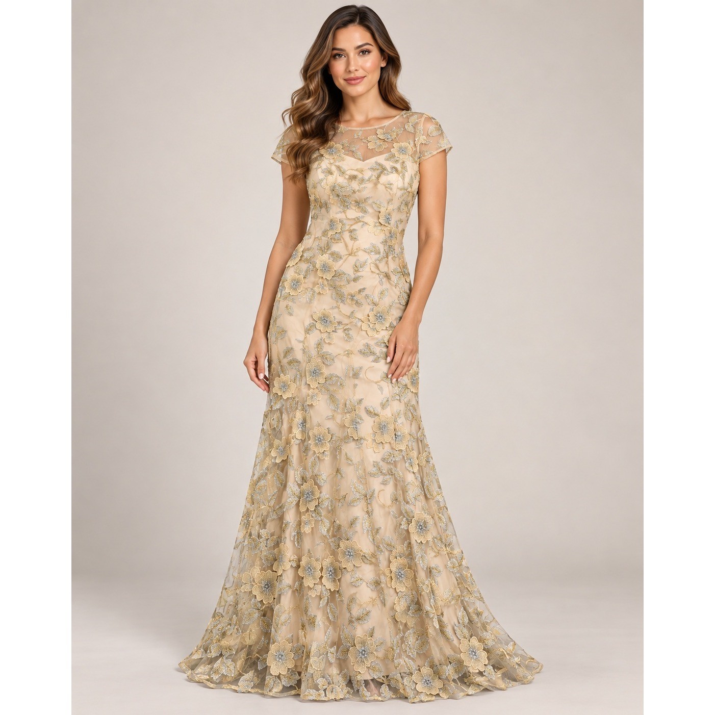 Adrianna Papell Floral Embroidered Gown Champagne Gold Silver Size 8 AP1E211756 Adrianna Papell Floral Embroidered Gown Champagne Gold Silver Size 8 AP1E211756