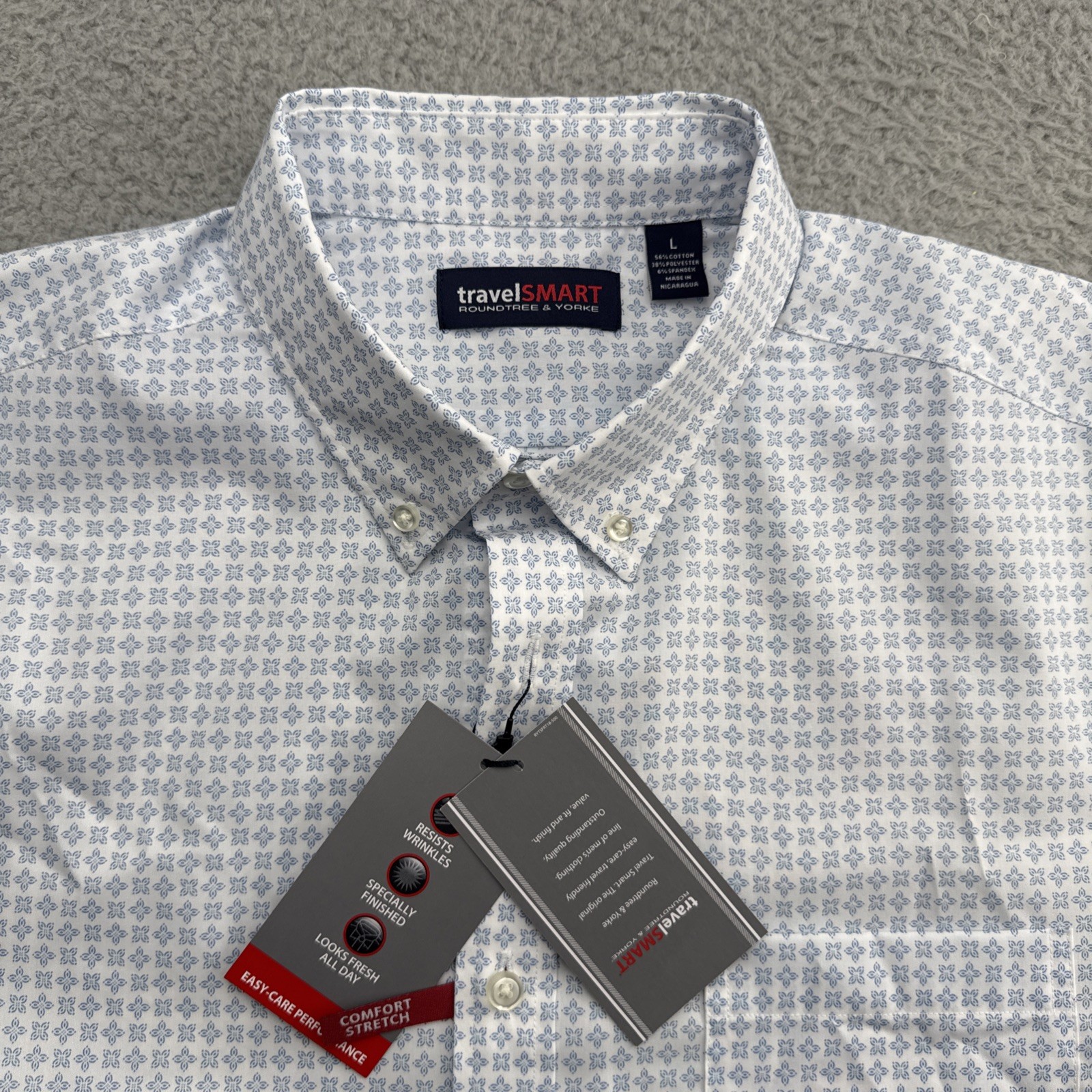 TravelSmart Dress Casual Shirt Mens Large S/S White Geometric Roundtree & Yorke