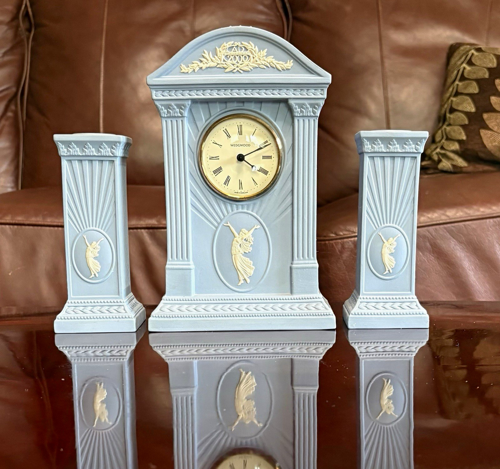 Vintage Wedgwood Blue/Gold Ceramic Mantel Clock Set w/ 2 Candlesticks