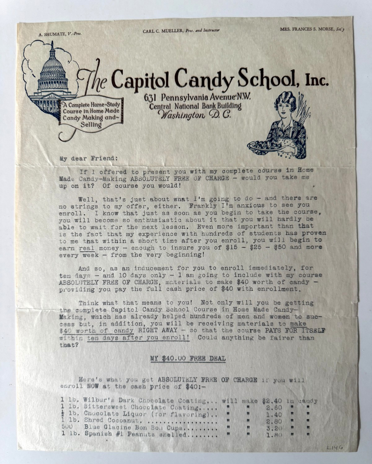 Vtg ca 1930s Advertising Letterhead Washington DC Capitol Candy School vignettes