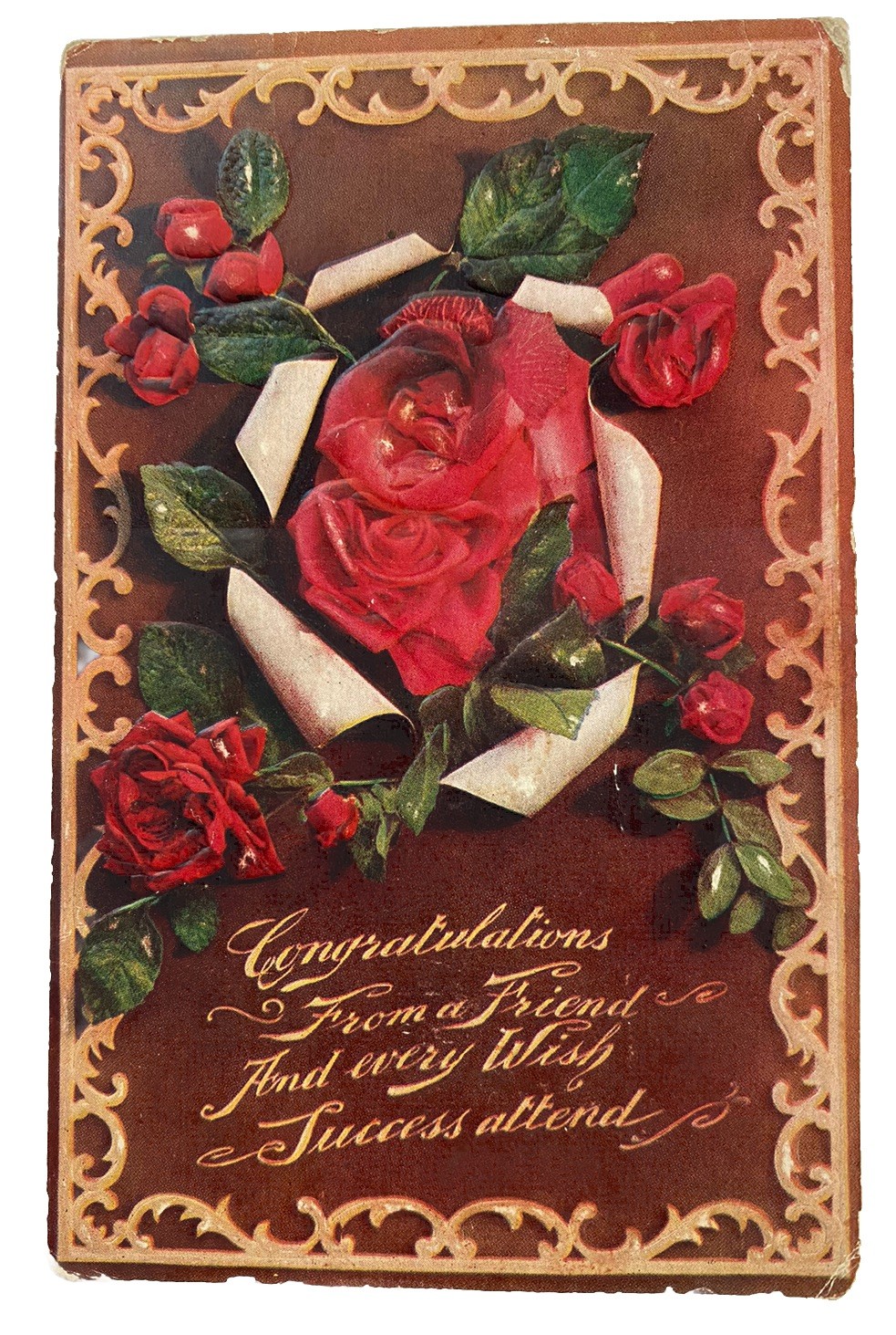 Congratulations from a Friend, Embossed Roses Floral ~ Antique 1910s Postcard