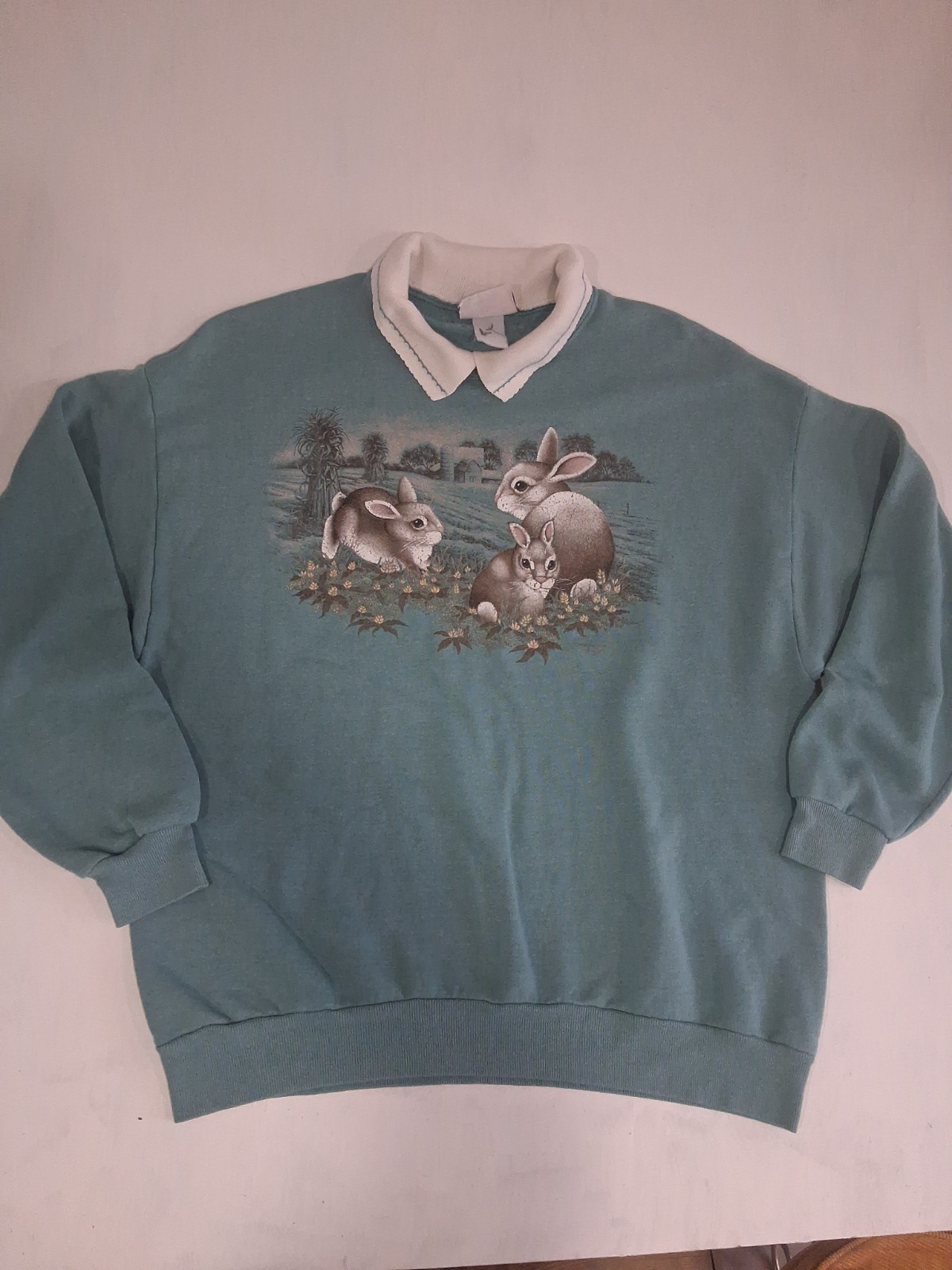 VTG Made Granny Bunny Rabbit Graphic Sweatshirt Crewneck 90s Teal Mock Neck XL 