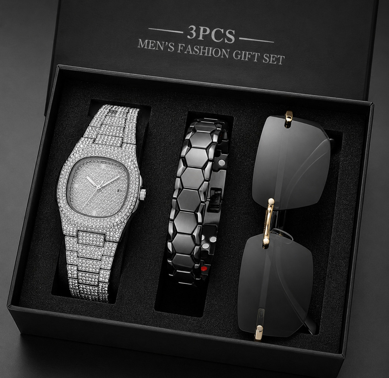3PCS Men\'s Luxury Gift Set Watch Bracelet Sunglasses Fashion Jewelry Accessories
