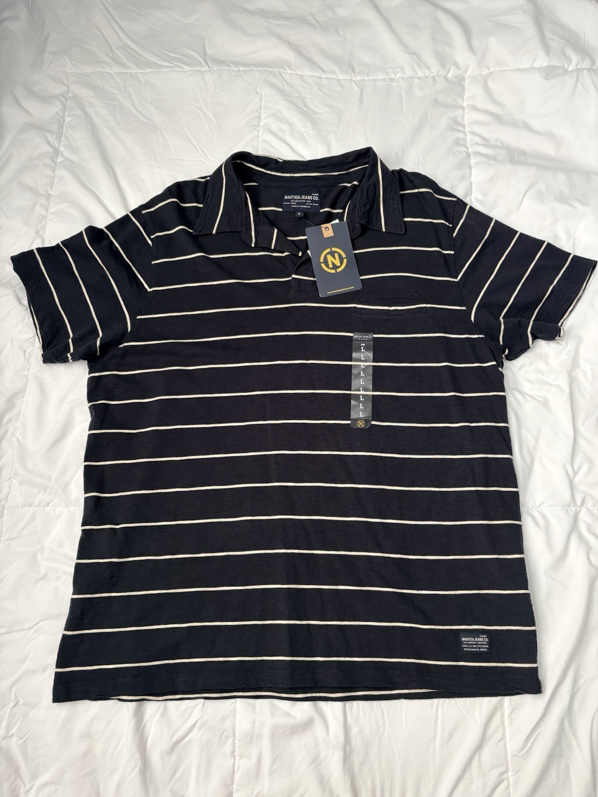 Nautica Men’s Polo Shirt Navy Blue, Cream Striped Short Sleeves Size Large