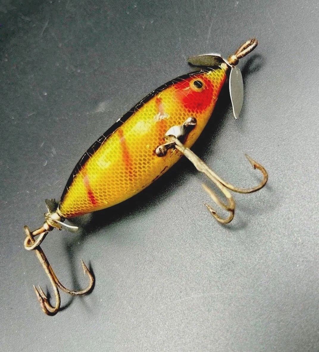 Heddon SOS Lure Tail Spinner Perch Fire Tiger Vintage 1950s