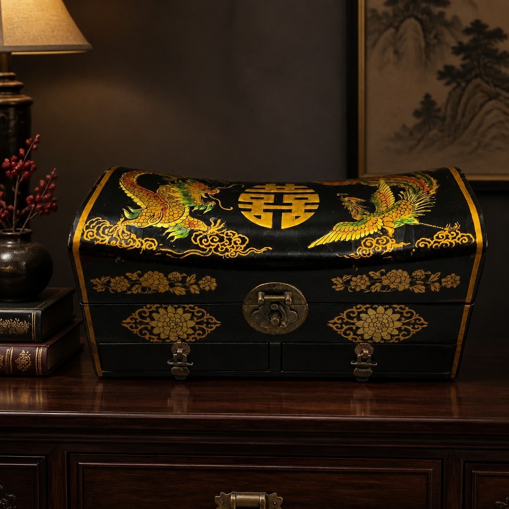Vtg Chinese/Asian Leather Covered Wooden Traveler/Pillow Box Dragon~Phoenix 12\