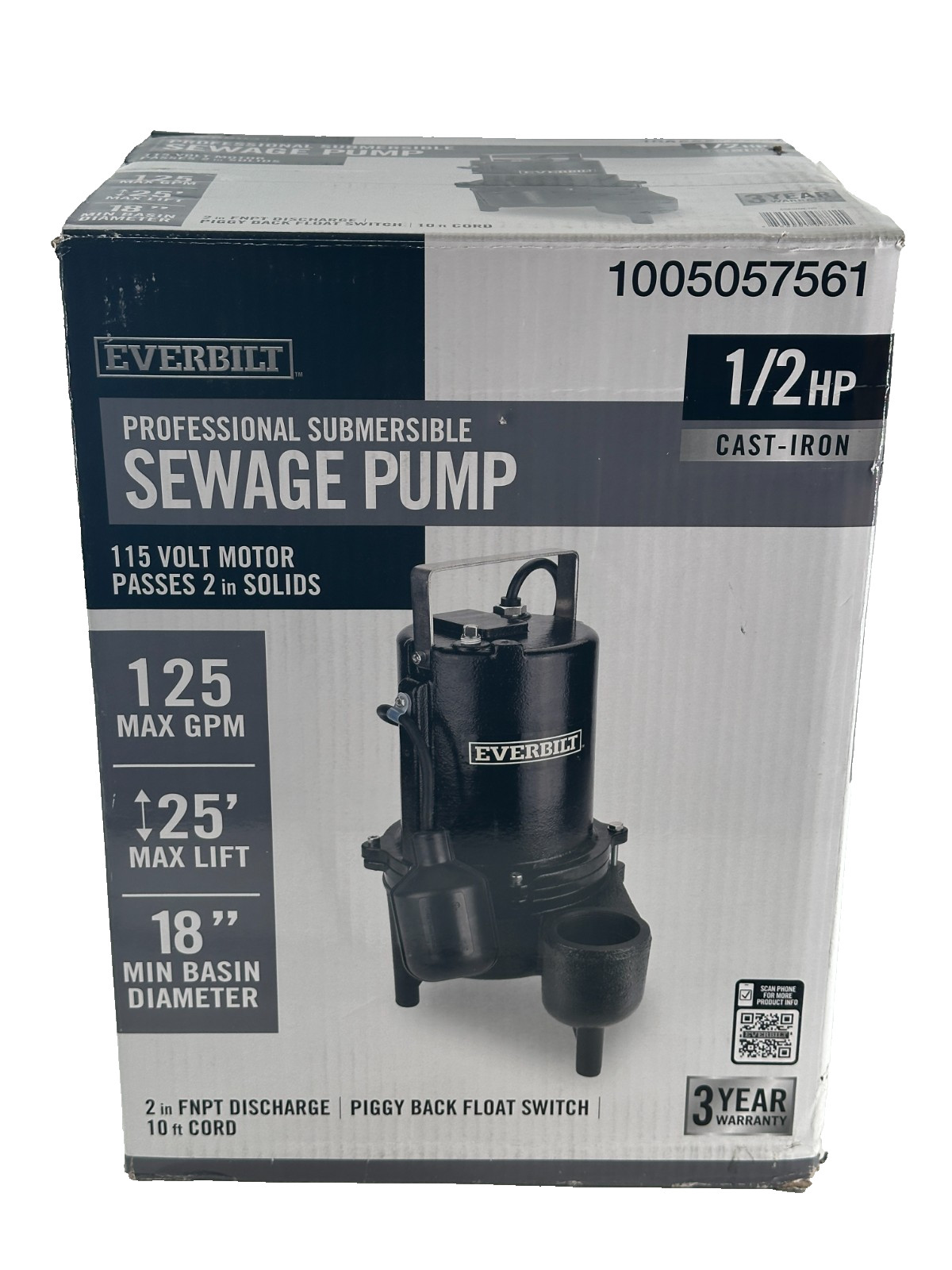 Everbilt 1/2 HP Cast Iron Sewage Ejector Pump 1005057561 Everbilt 1/2 HP Cast Iron Sewage Ejector Pump 1005057561